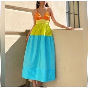 Adelyn Rae Playa Colorblock Poplin Midi Dress Size Small Orange Green Blue